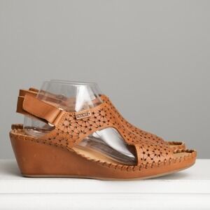 Pikolinos Wedge Sandals Cognac Leather Floral Laser Cut Artisan Boho Earthy Cute